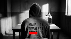 B&W photo of gender labels on a hoodie; red bar over 'Other' in an interrogation room setting, illustrating systemic binary bias.